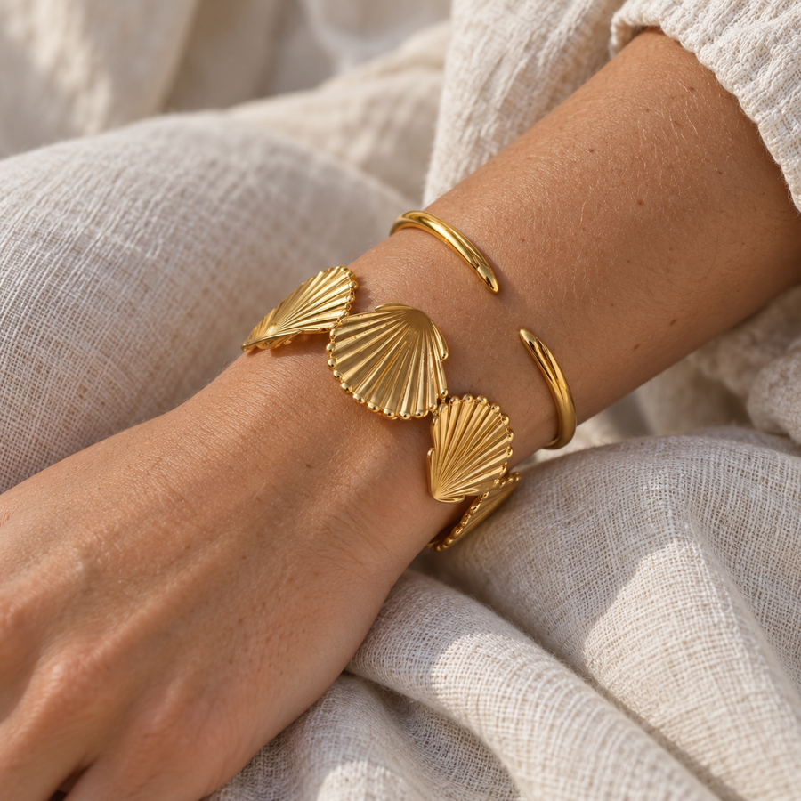 Sea Nymphs Bangles and Cuffs styled in a natural lifestyle photograph.