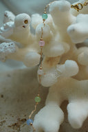 Alternate view: necklace with pastel pink, green, blue and pale round beads spaced along a fine gold-tone chain.