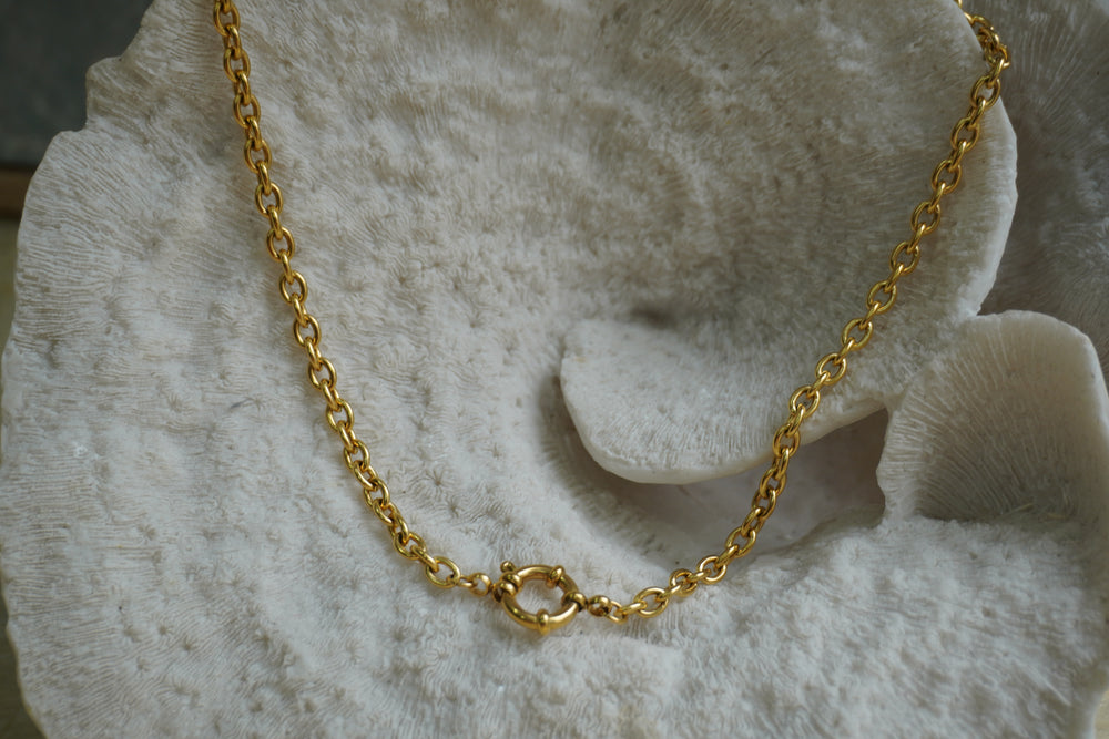 Gold-tone oval-link chain necklace with a prominent round clasp at the centre.