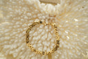 Gold-tone bracelet with closely interlocking rounded rectangular links and a clasp.