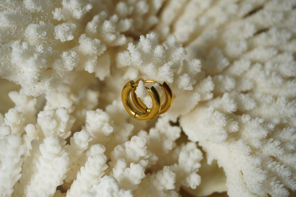 Small gold-tone circular hoop earrings with a recessed channel and raised edges.