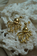 Alternate view: gold-tone octopus drop earrings with curling tentacles beneath smooth ball studs.