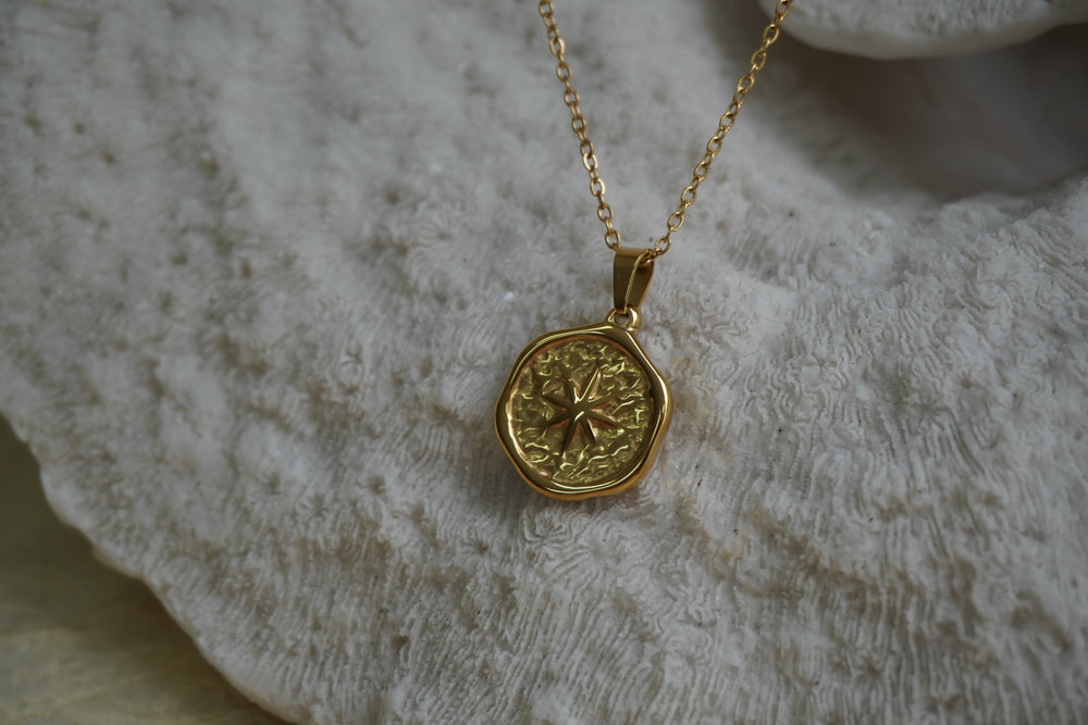 Alternate view: gold-tone necklace with a textured circular compass-star token.
