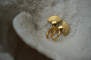 Alternate view: gold-tone hoops with hanging fan charms, radiating ribs and a dotted curved border.