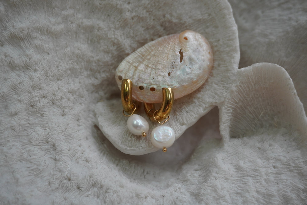Gold-tone smooth hoops with rounded white bead drops and small gold-tone tips.