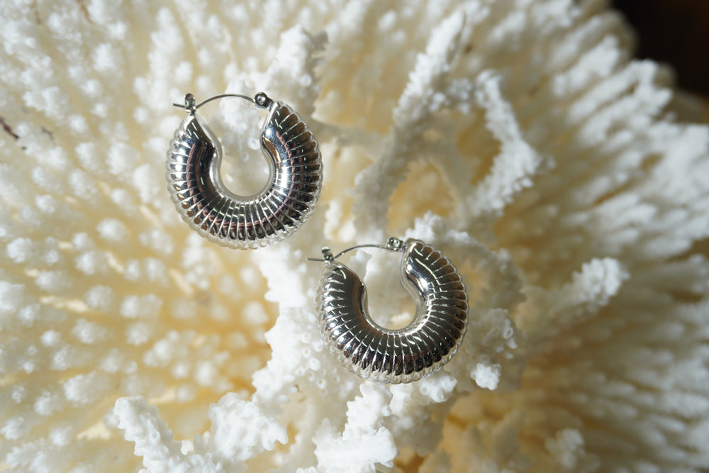 Broad silver-tone hoops with fine radiating ribs and rounded contours.