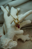 Alternate view: gold-tone bead-station necklace with a circular centre and a cluster of deep red accents and small charms.