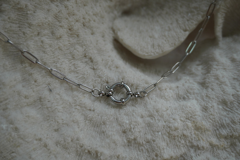 Alternate view: silver-tone elongated-link necklace with a circular centre connector.
