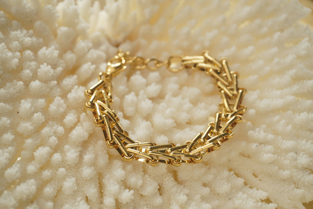 Alternate view: gold-tone bracelet with overlapping angular bar links, a clasp and extension chain.