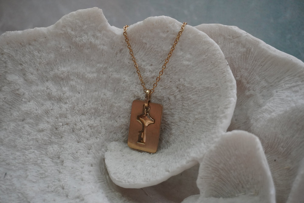 Gold-tone chain necklace with a rectangular tag and a key charm with a star-shaped head.