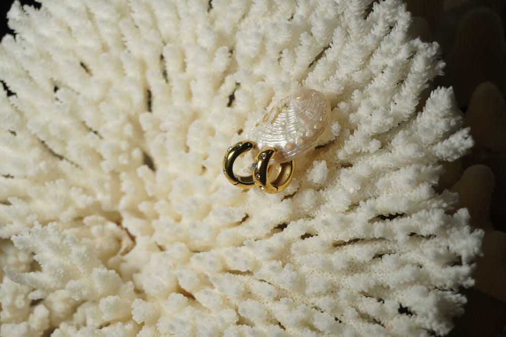 Gold-tone rounded hoop earrings with scattered clear round accents in different sizes.