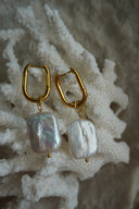 Alternate view: elongated gold-tone hoops with pale iridescent rectangular bead drops.