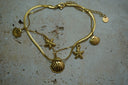 Gold-tone bracelet with layered strands and hanging shell and starfish motifs.