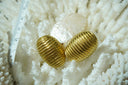 Alternate view: gold-tone domed oval earrings with closely spaced parallel diagonal ridges.