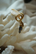 Alternate view: gold-tone hoops with radiating eye-disc charms and elongated mottled grey beads.
