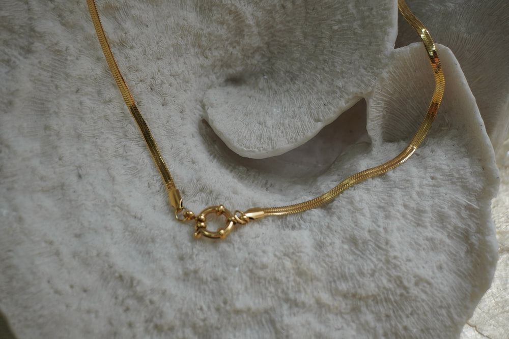 Gold-tone flat-chain necklace with a round centre connector.