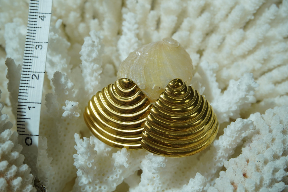 Alternate view: gold-tone fan-shaped earrings with rounded triangular outlines and nested curved ridges.