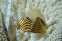 Alternate view: gold-tone fan-shaped earrings with rounded triangular outlines and nested curved ridges.