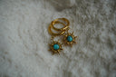 Alternate view: gold-tone hoop earrings with sunburst charms and blue centres marked by dark vein-like lines.