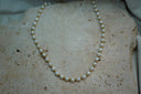 Necklace with white oval beads alternating with small gold-tone spheres.